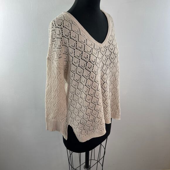 CALYPSO Cashmere Diamond Knit Sweater V-Neckline Long Sleeve Beige Size L Large - Picture 5 of 9